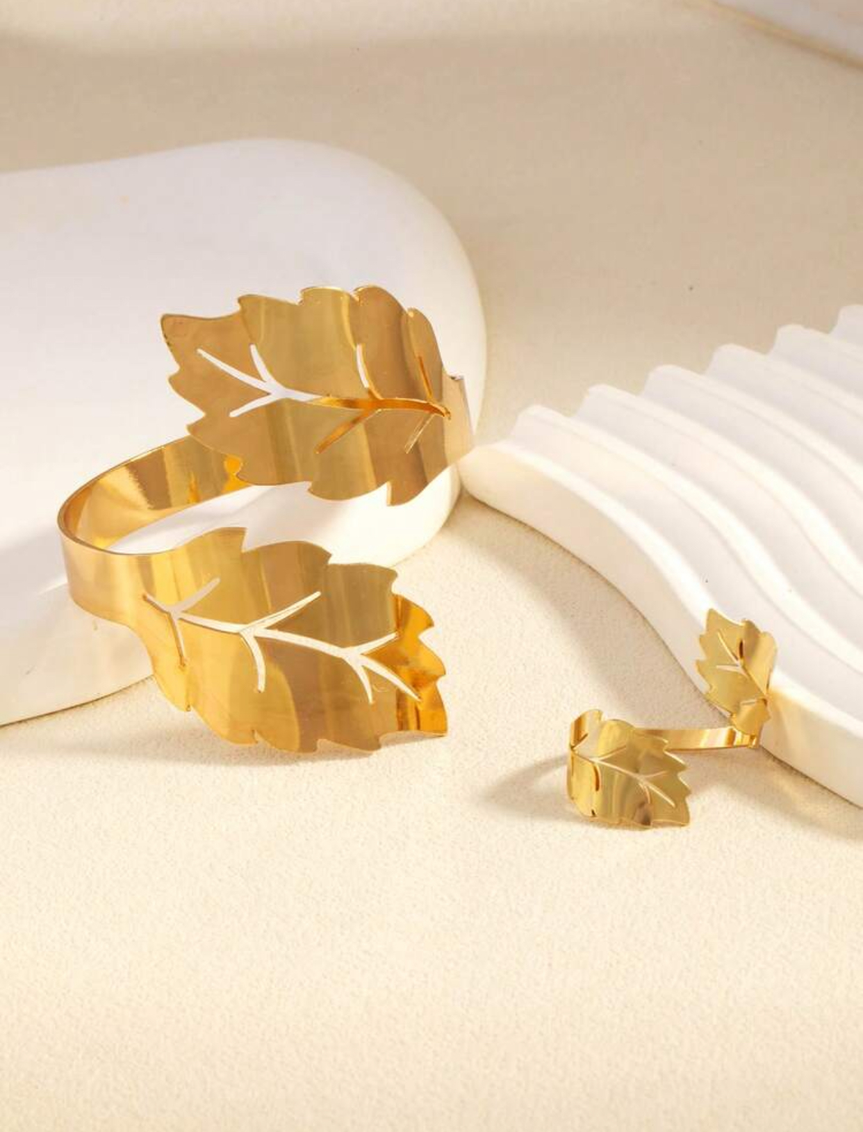 Botanical Avant-Garde High-Polish 18k Gold-Plated Open Cutout Monstera Philodendron Leaf Silhouette Wrap Statement Arm Cuff and Matching Adjustable Statement Ring Set