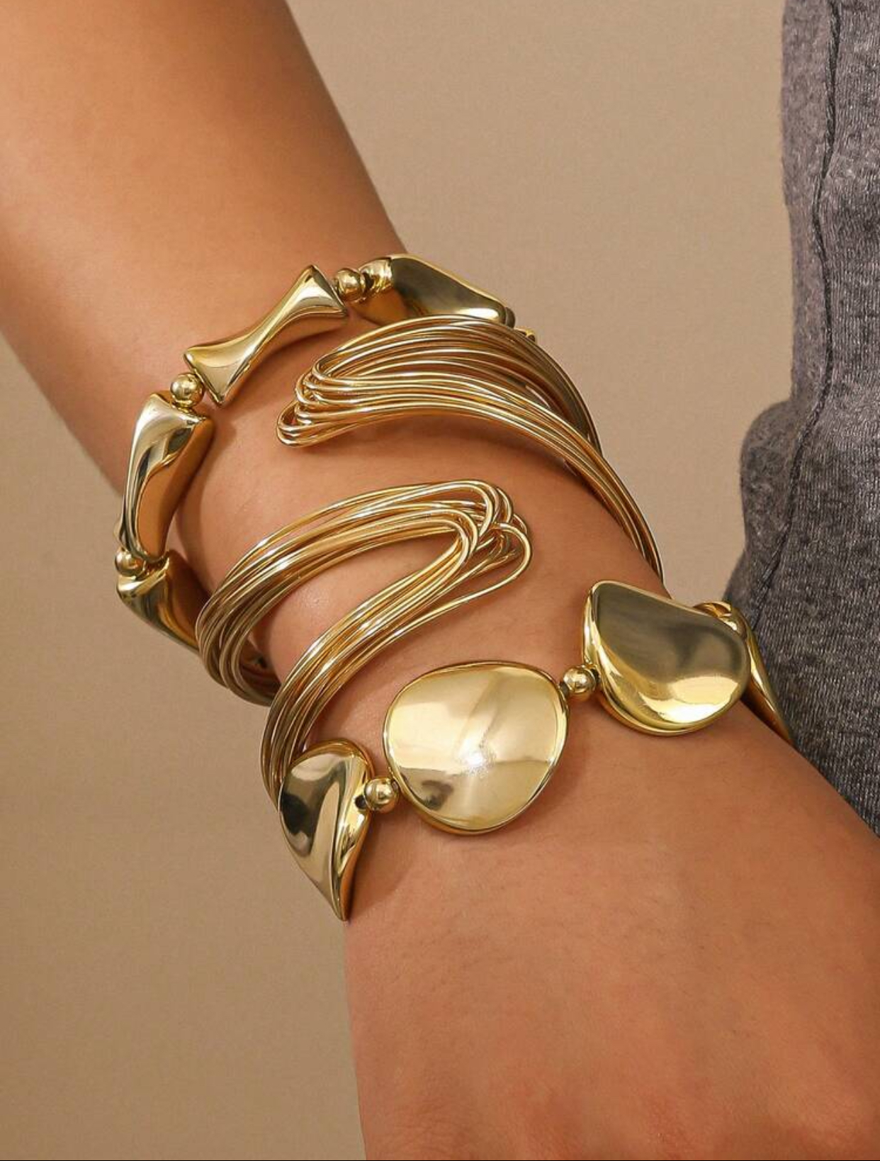 Abstract Modernist High-Polish Heavy Silver-Tone Multi-Strand Fluid Wire Bangle Set Sandwiched by Two Organic Polished Nugget Pebble Link Charm Bracelets