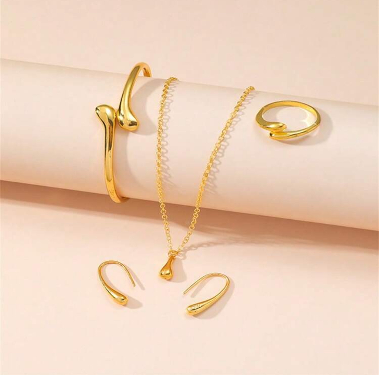 Ultra-Minimalist Dainty 14k Gold-Plated Fine Cable Chain Liquid Droplet Pendant Necklace, Slim Open Bangle, Adjustable Ring, and French Hook Teardrop Earring Complete Set