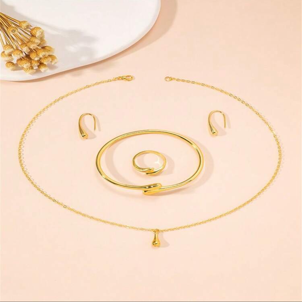 Ultra-Minimalist Dainty 14k Gold-Plated Fine Cable Chain Liquid Droplet Pendant Necklace, Slim Open Bangle, Adjustable Ring, and French Hook Teardrop Earring Complete Set 2