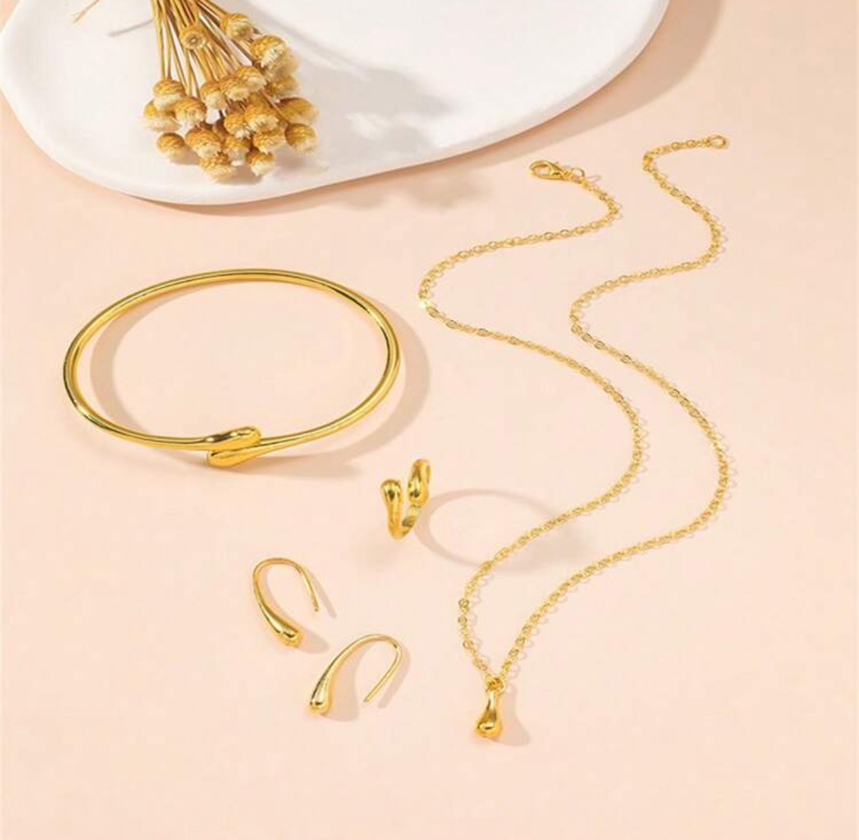 Ultra-Minimalist Dainty 14k Gold-Plated Fine Cable Chain Liquid Droplet Pendant Necklace, Slim Open Bangle, Adjustable Ring, and French Hook Teardrop Earring Complete Set 3