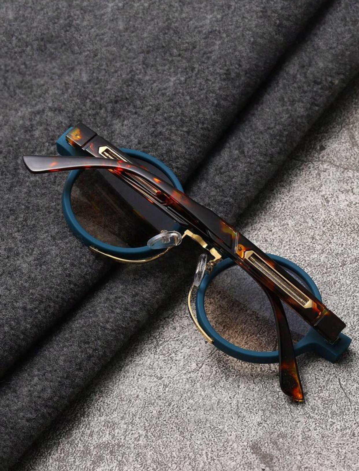 Avant-Garde Industrial Round Optical Frames with Matte Petrol Blue Rims and Tortoiseshell Temples 2