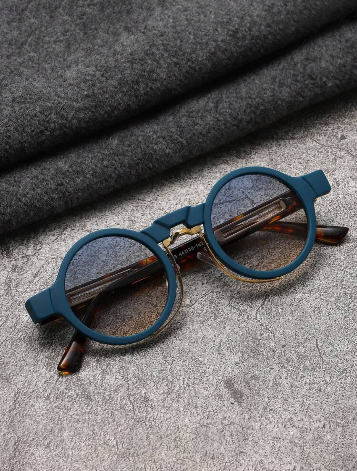 Avant-Garde Industrial Round Optical Frames with Matte Petrol Blue Rims and Tortoiseshell Temples 3