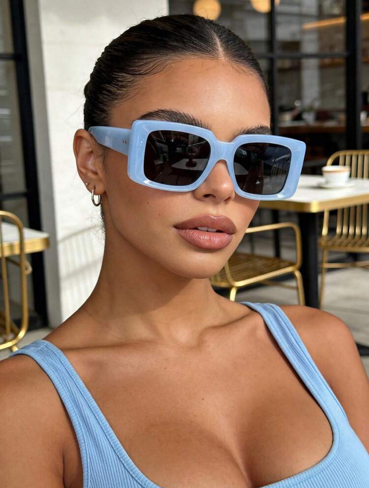 Cyber-Retro Thick-Frame Rectangular Sunglasses in Translucent Powder Blue 2