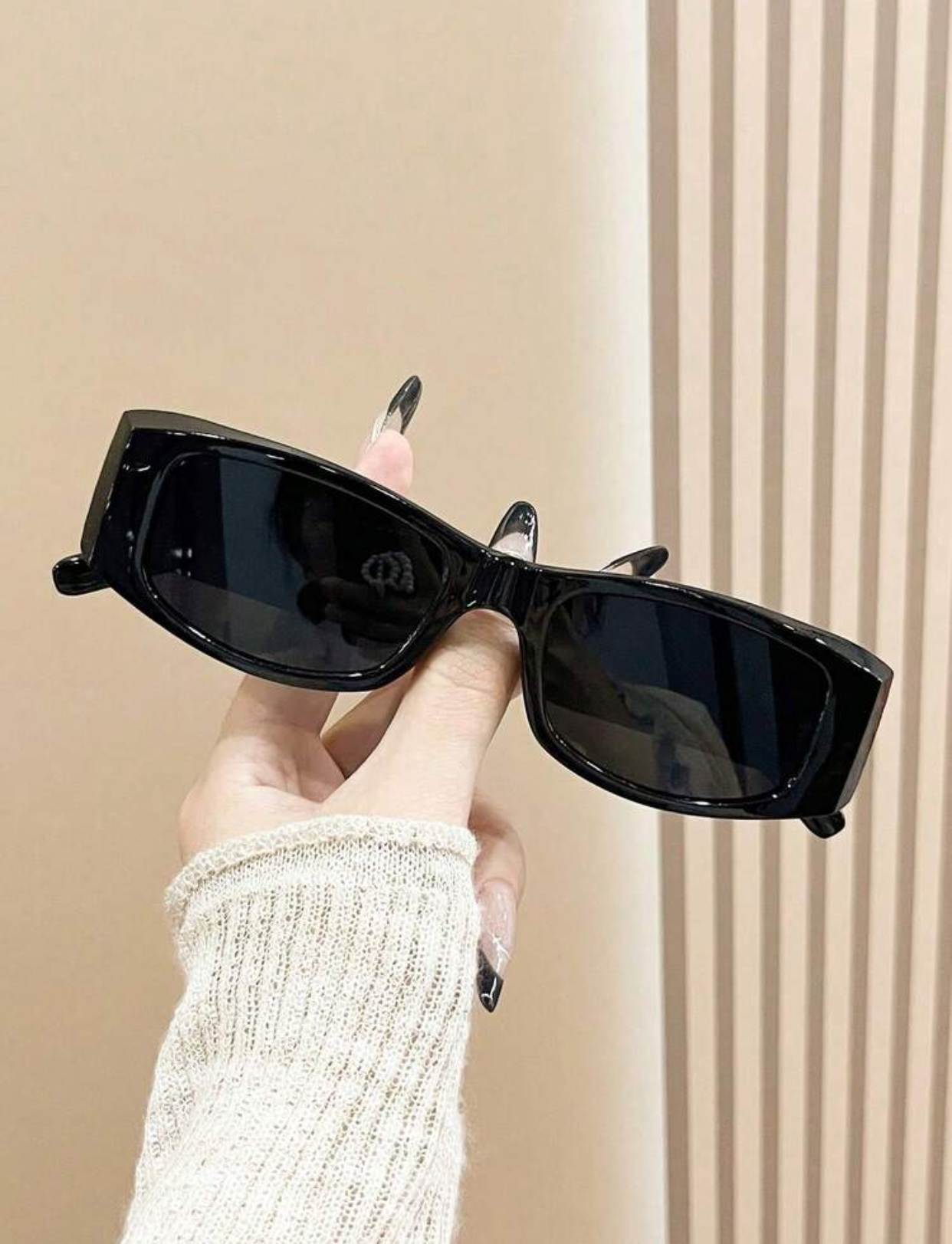 Streetwear Neo-Noir Slim Rectangular Sunglasses in High-Gloss Onyx Black 2
