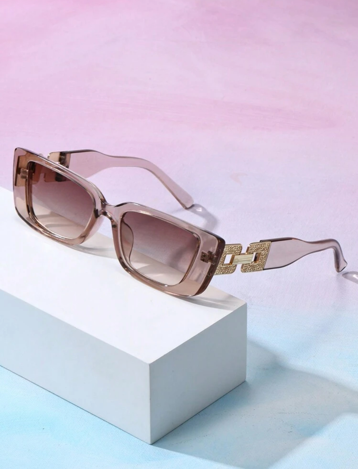 Avant-Garde Crystal Champagne Rectangular Sunglasses with Internal Metal Chain Accents