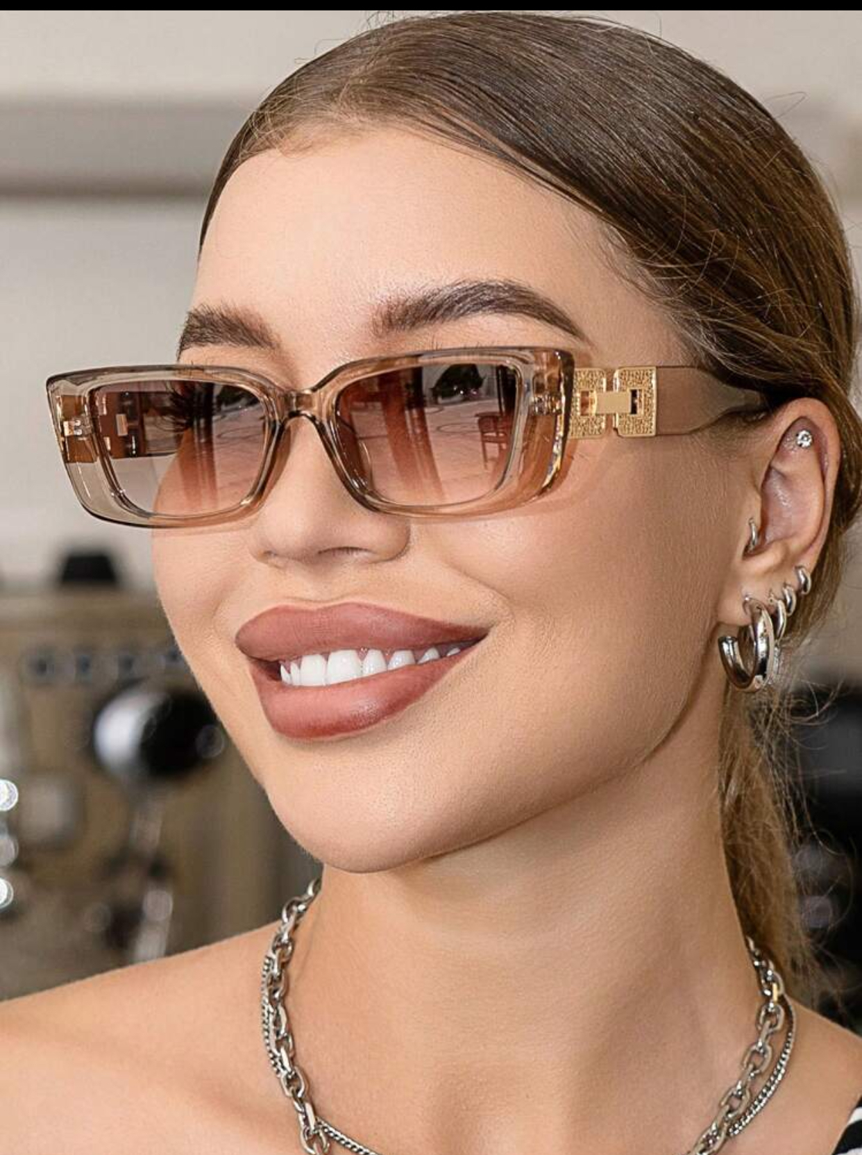 Avant-Garde Crystal Champagne Rectangular Sunglasses with Internal Metal Chain Accents 2