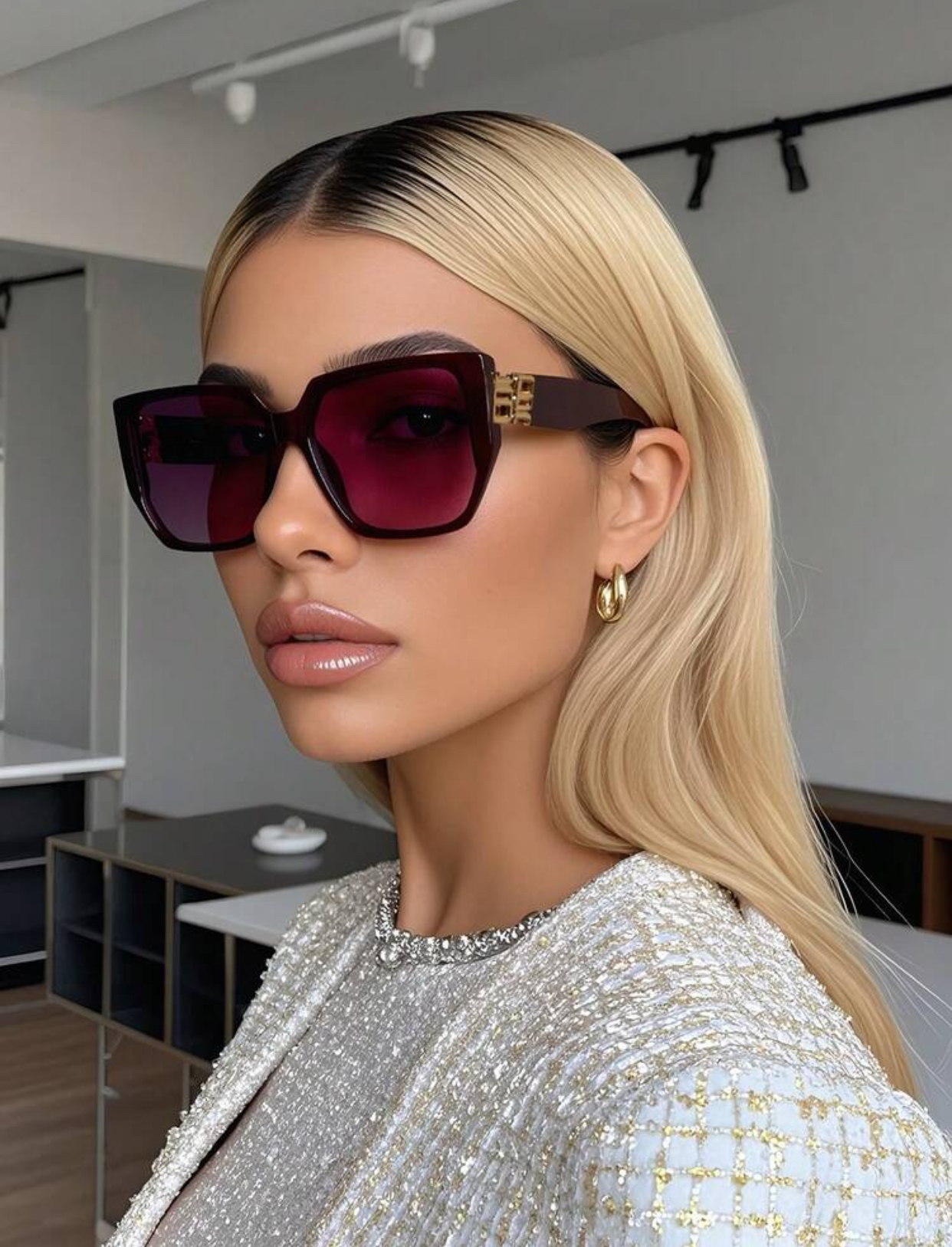 High-Fashion Oversized Square Sunglasses in Rich Plum Burgundy with Tonal Lenses 2