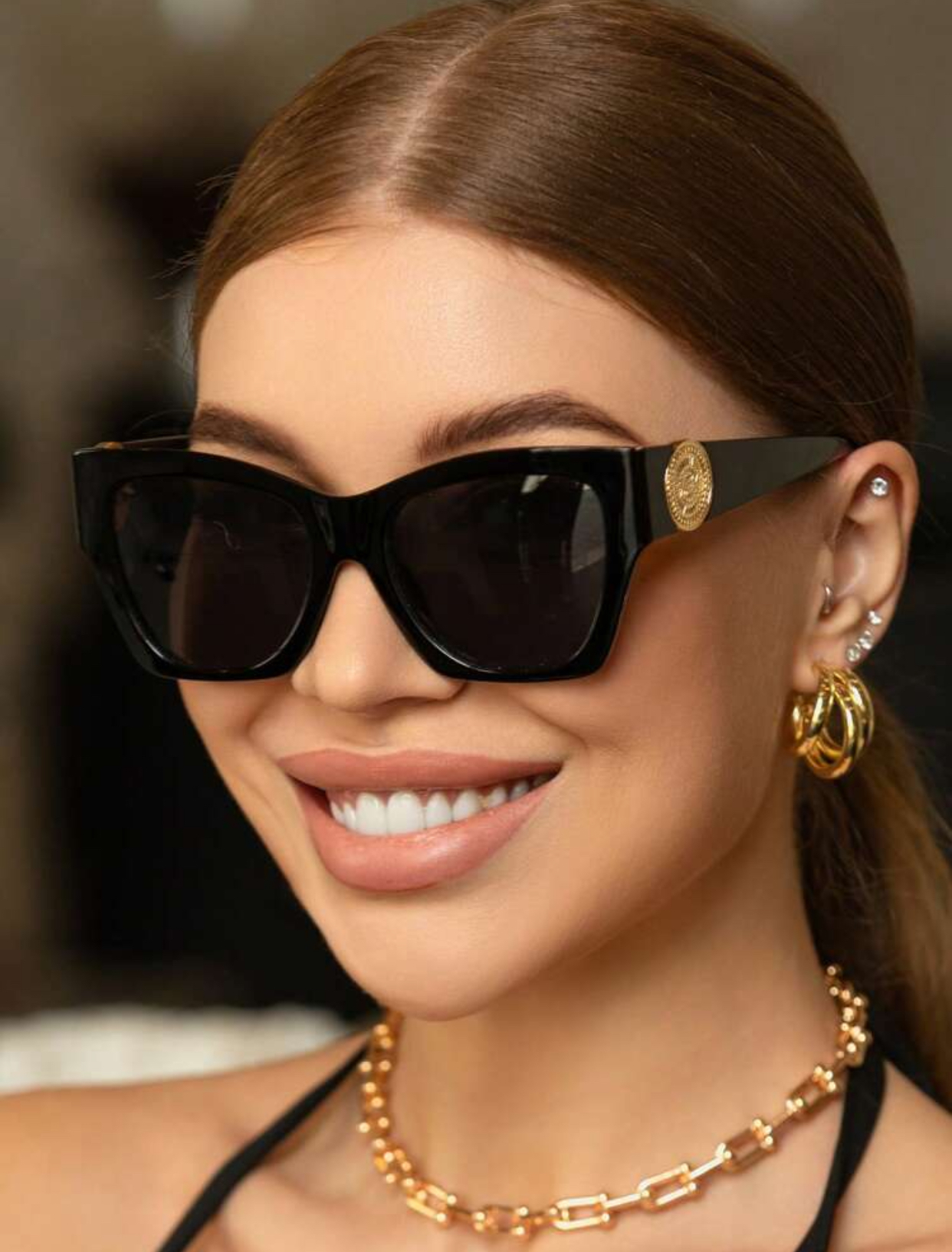 Heritage Revival Chunky Cat-Eye Sunglasses with Polished Gold Coin Medallion 2