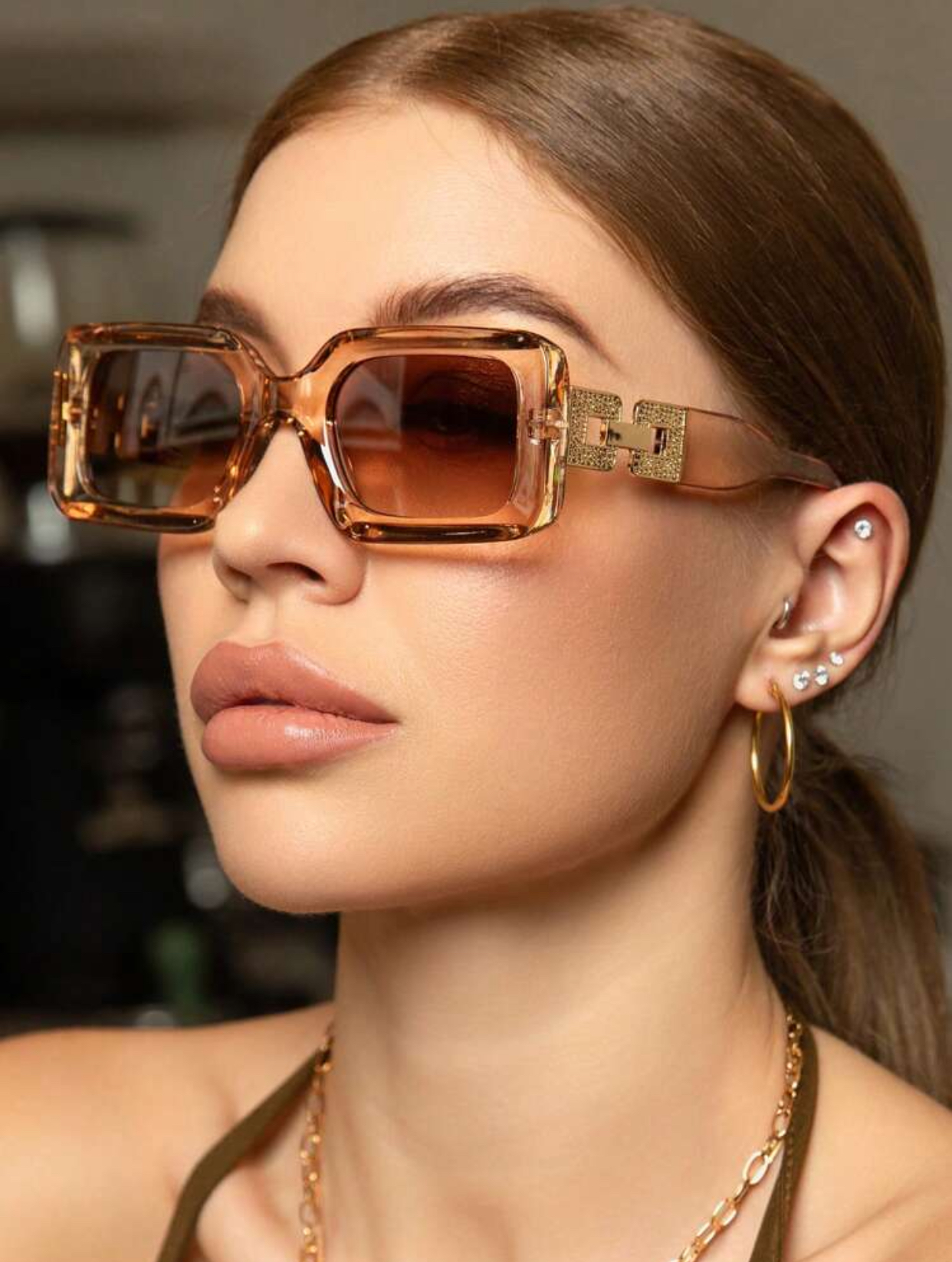 Industrial Cyber Crystal Amber Rectangular Sunglasses with Gold-Tone Link Hardware