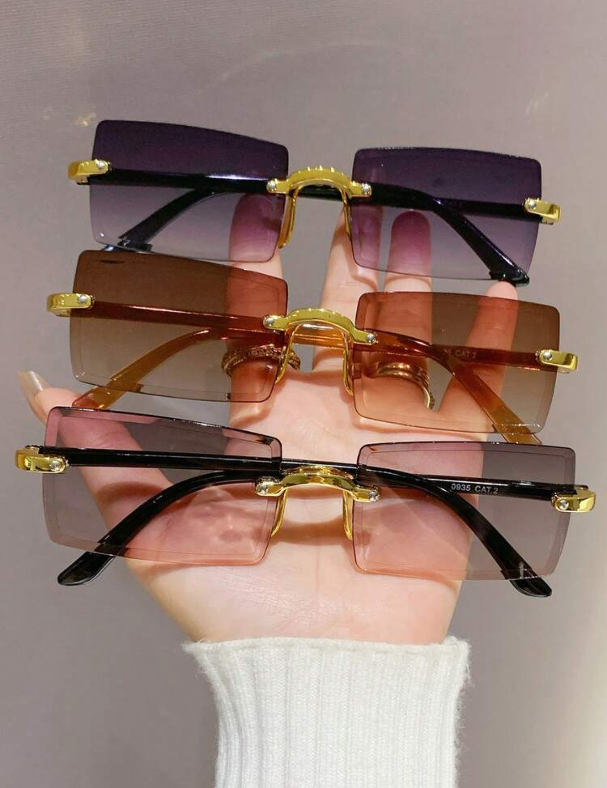 Archival Streetwear Rimless Narrow Rectangular Sunglasses with Ornate High-Polish Gold Hardware Tri-Pack