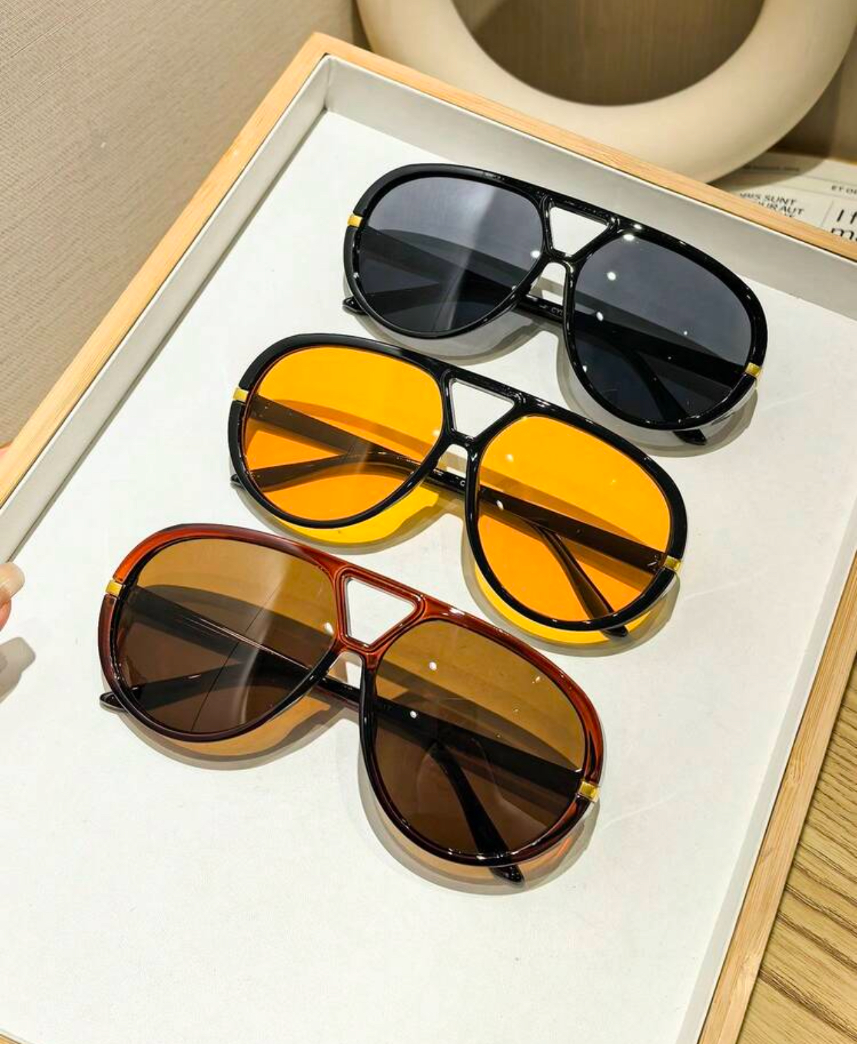 Modernist Techwear Teardrop Aviator Sunglasses in Gloss Black and Amber