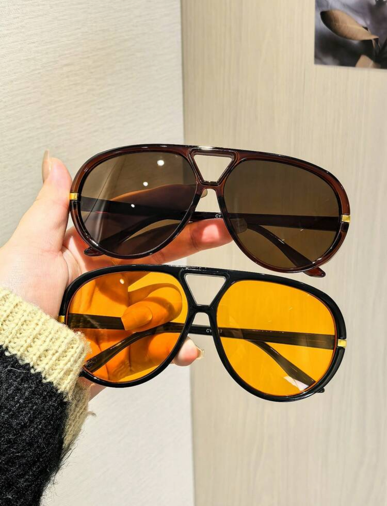 Modernist Techwear Teardrop Aviator Sunglasses in Gloss Black and Amber 2