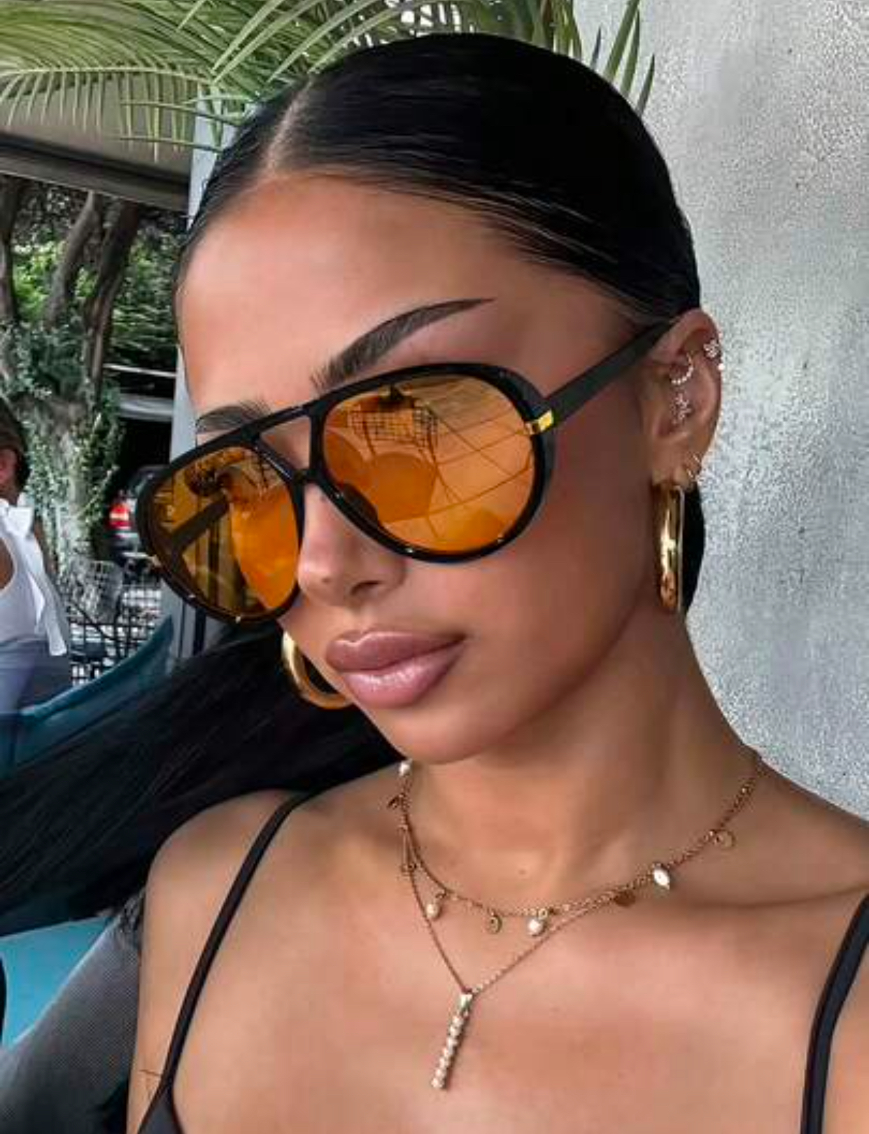 Modernist Techwear Teardrop Aviator Sunglasses in Gloss Black and Amber 3
