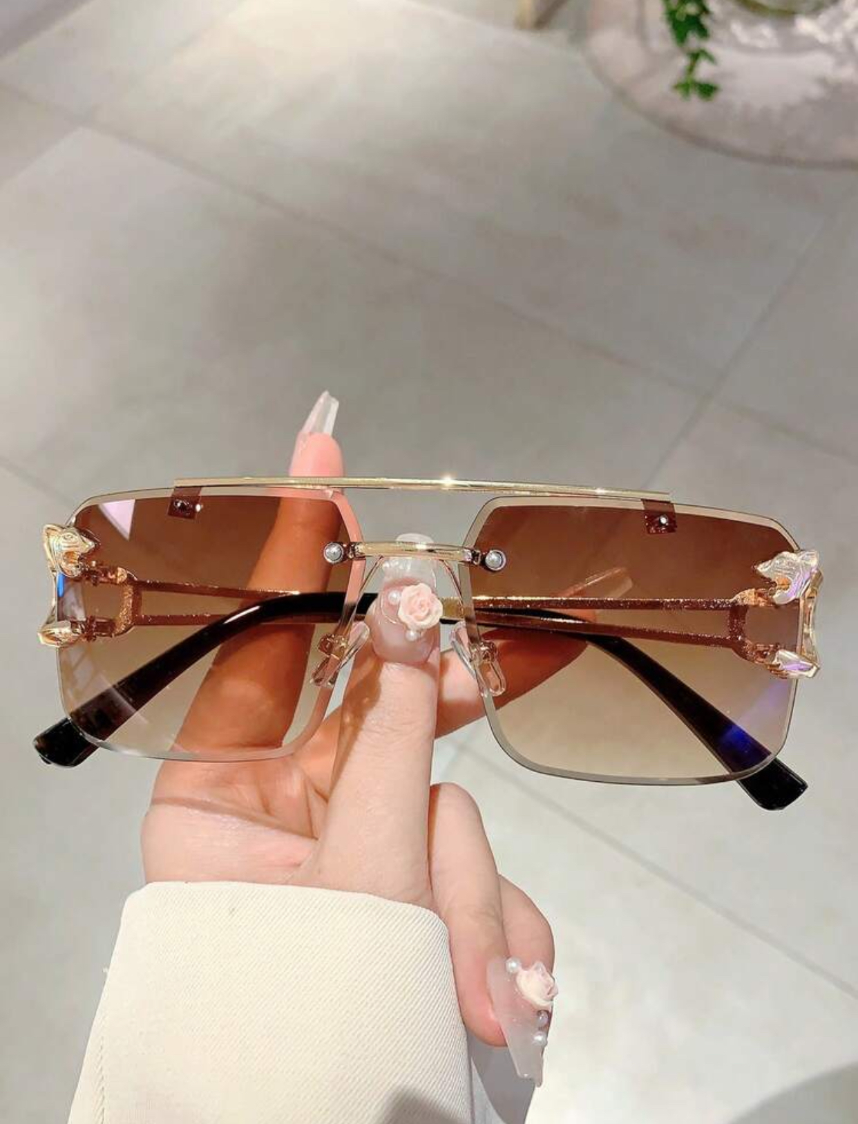 Statement Rimless Square Glasses with Sculpted Gold Panther Temples and Top Bar 2