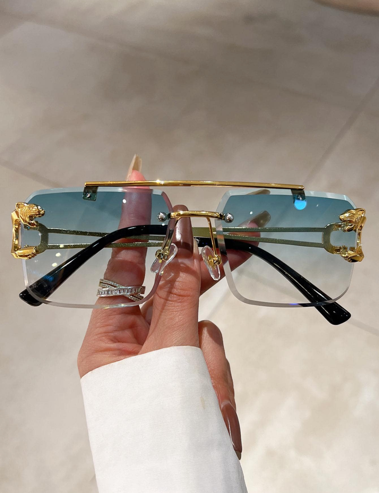 Statement Rimless Square Glasses with Sculpted Gold Panther Temples and Top Bar 3