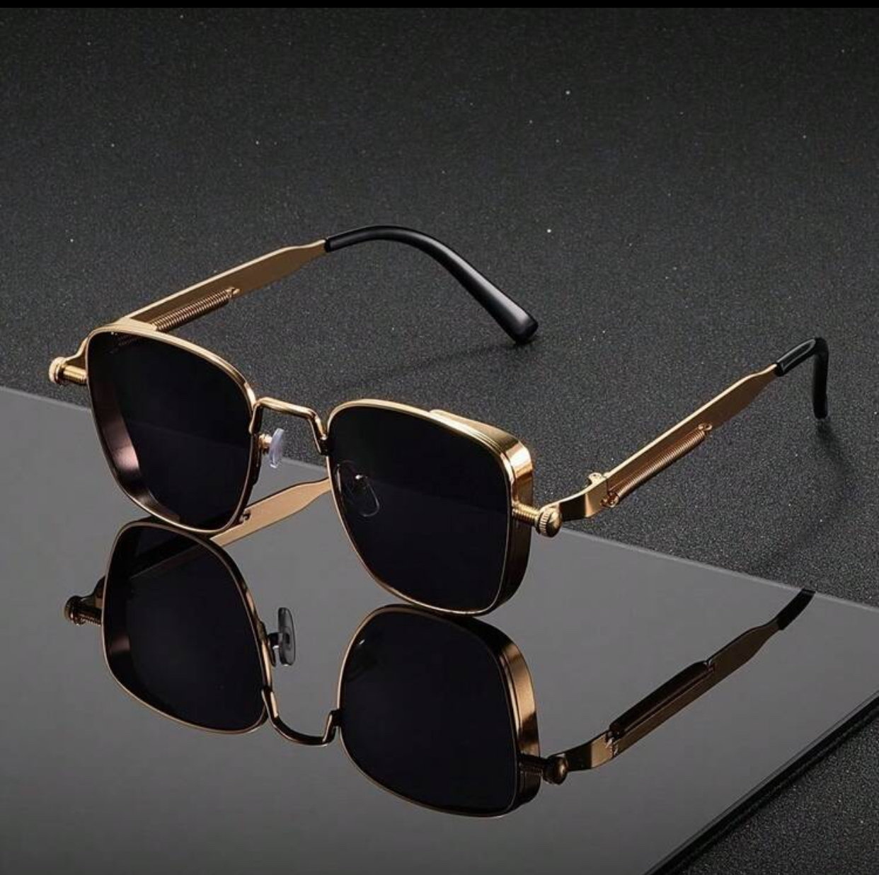 Steampunk-Inspired Hexagonal Sunglasses with Industrial Spring Temples in Polished Gold 2