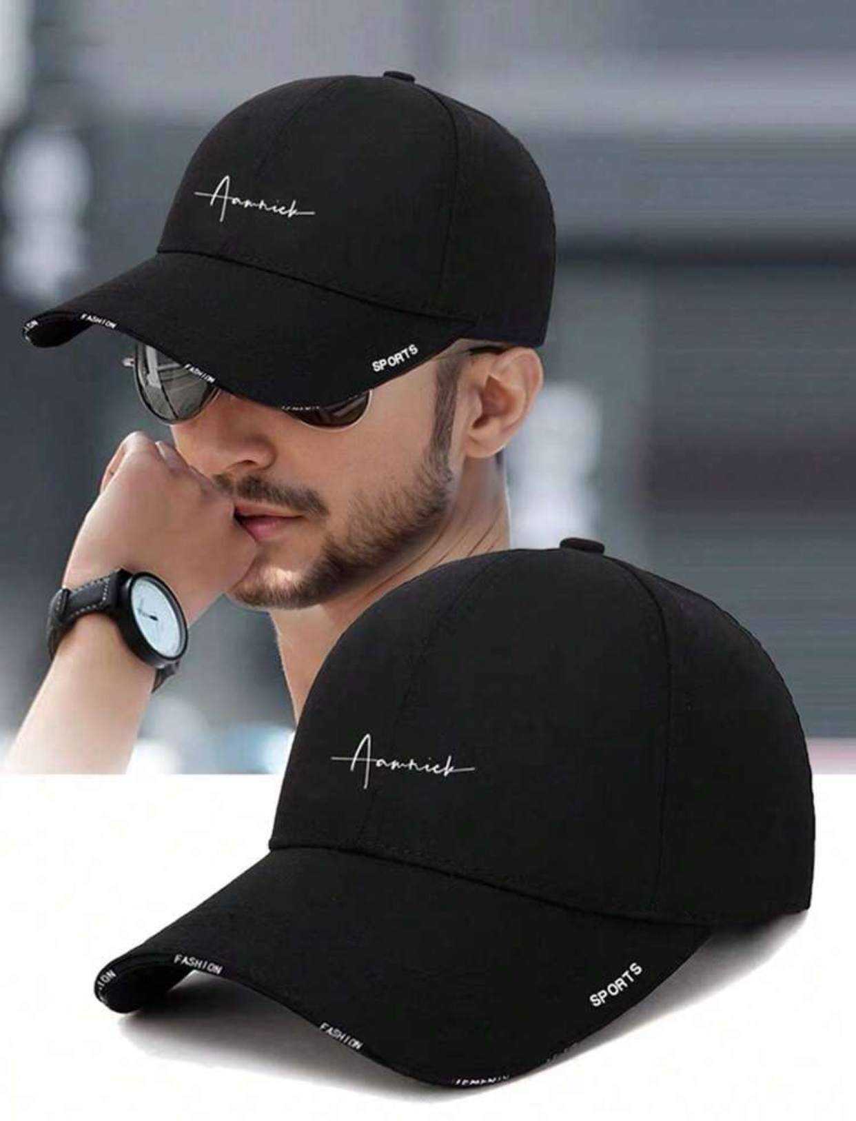 Men's Casual Black Baseball Cap with White Script Embroidery and "Sports Fashion" Brim Accents