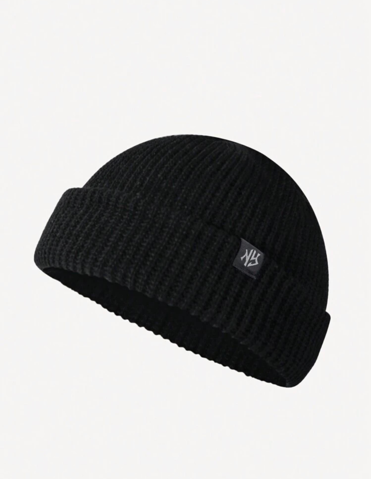 Minimalist Black Fisherman Dock Worker Beanie Short Ribbed Watch Cap with Small Side Tag