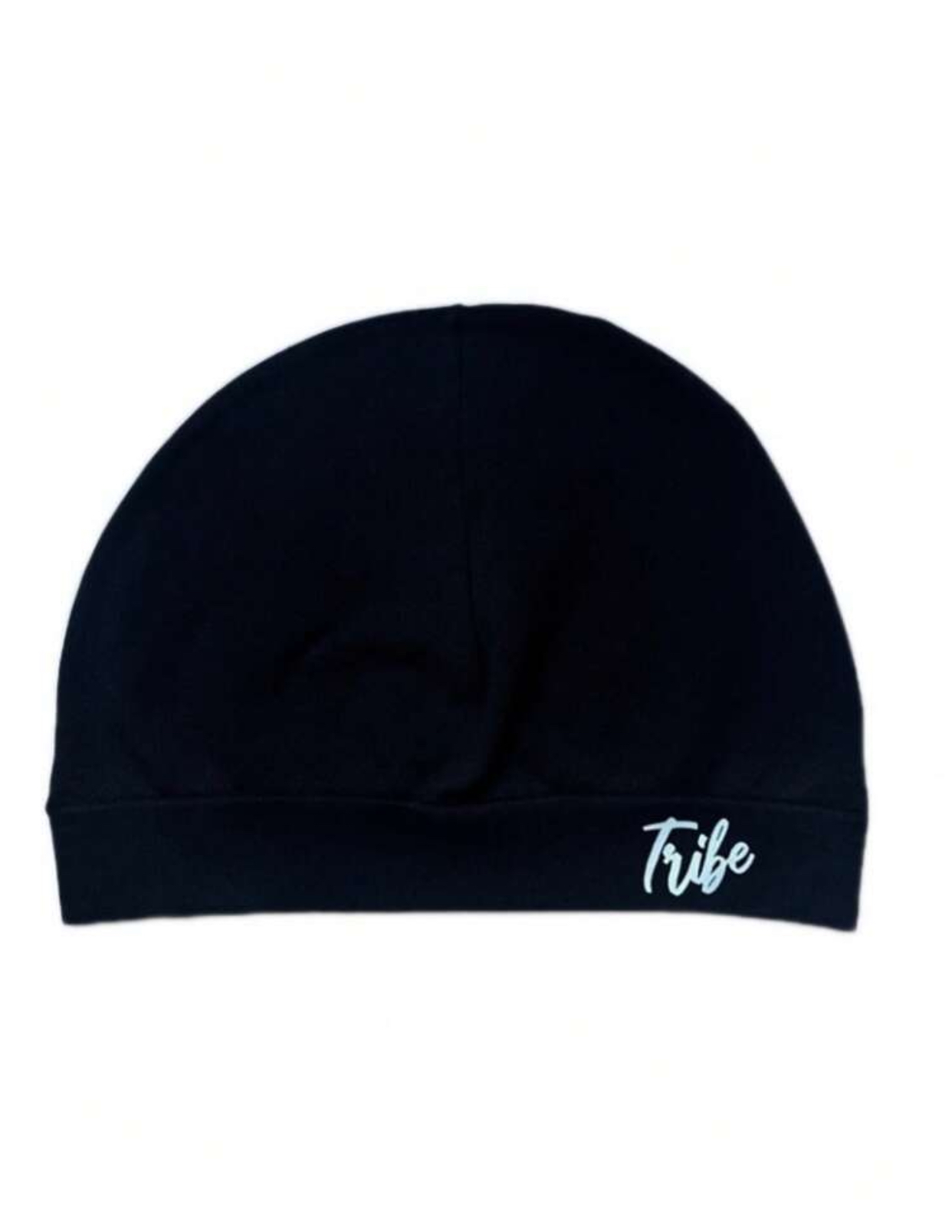 Lightweight Black Jersey Cotton Skull Cap Beanie with Cursive White "Tribe" Embroidery