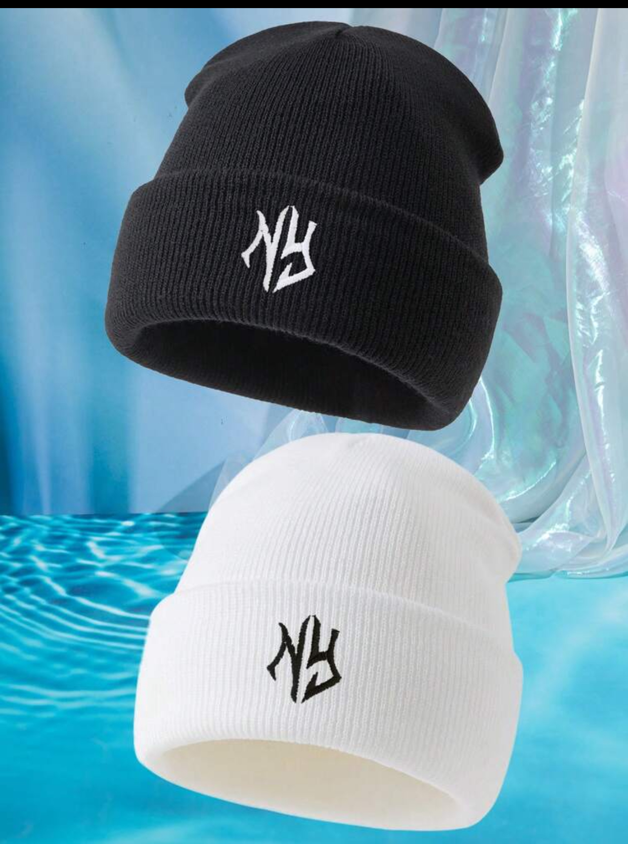2pcs Winter Warm Cuffed Knit Beanie Hat in Solid Black with White Embroidered NY Monogram