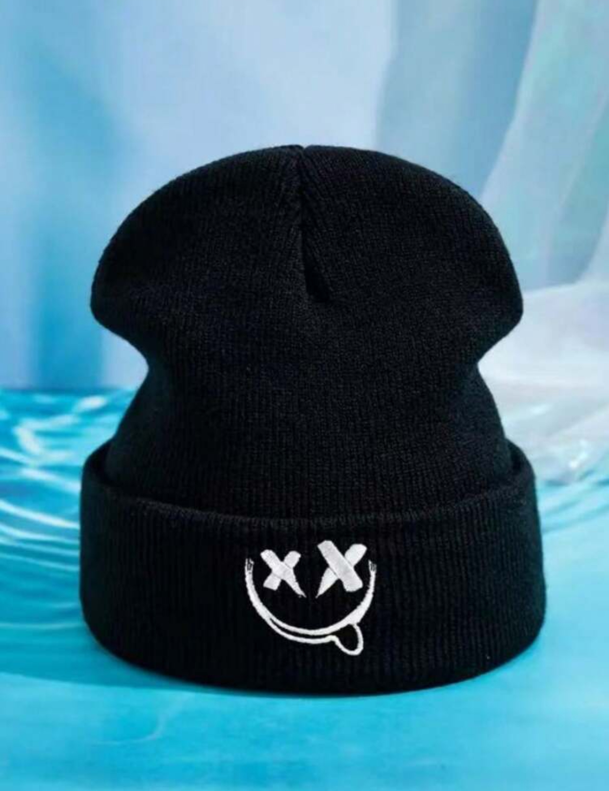 Streetwear Edgy Black Knit Beanie with Embroidered White X-Eye Slanted Smiley Face