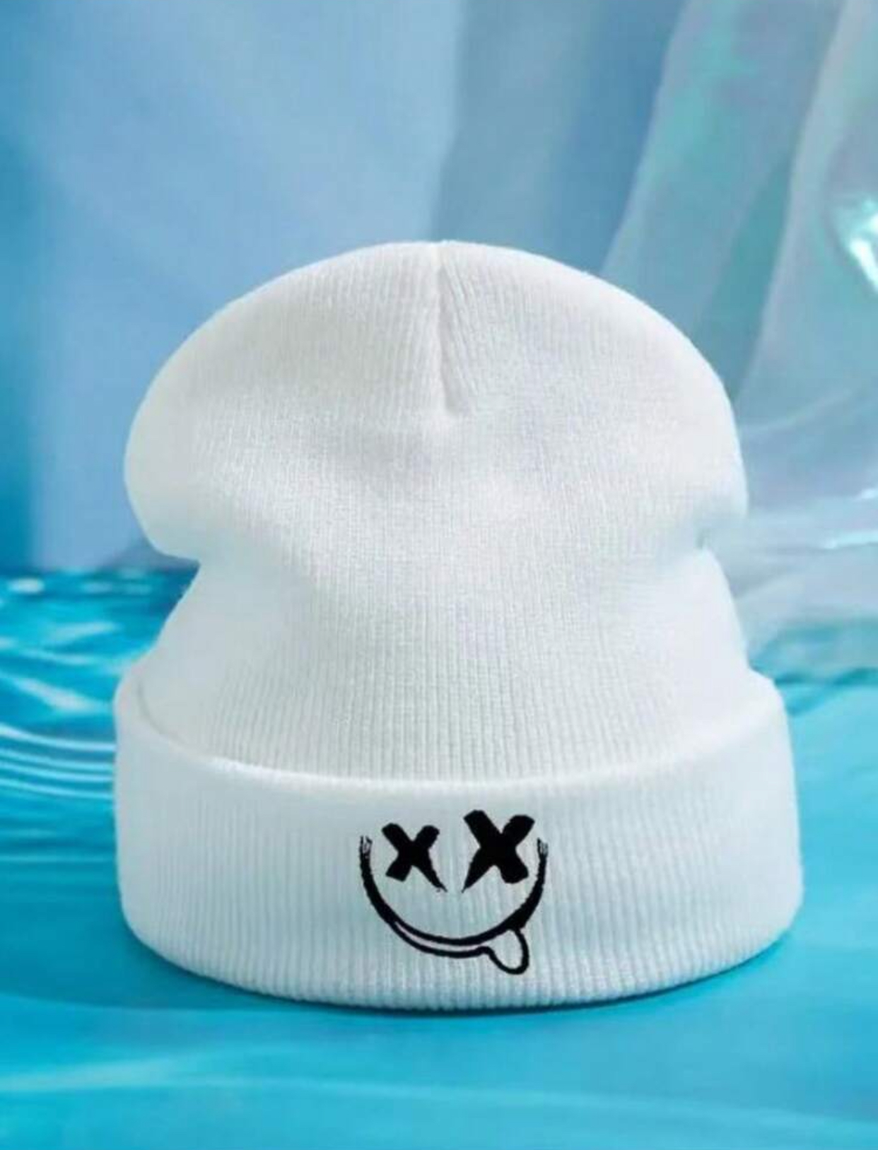 Streetwear Edgy Black Knit Beanie with Embroidered White X-Eye Slanted Smiley Face 2