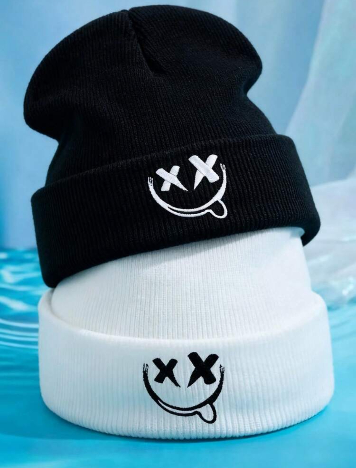 Streetwear Edgy Black Knit Beanie with Embroidered White X-Eye Slanted Smiley Face 3