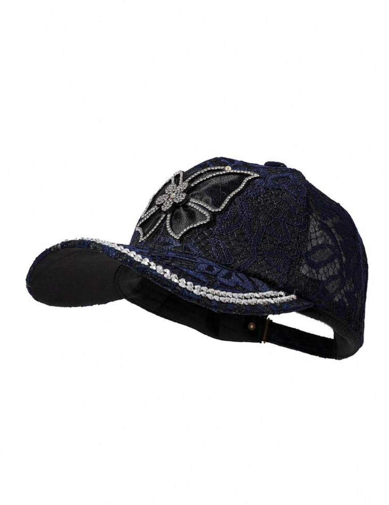 Luxury Floral Lace Overlay Baseball Cap with Rhinestone Butterfly Applique and Gemstone Trim