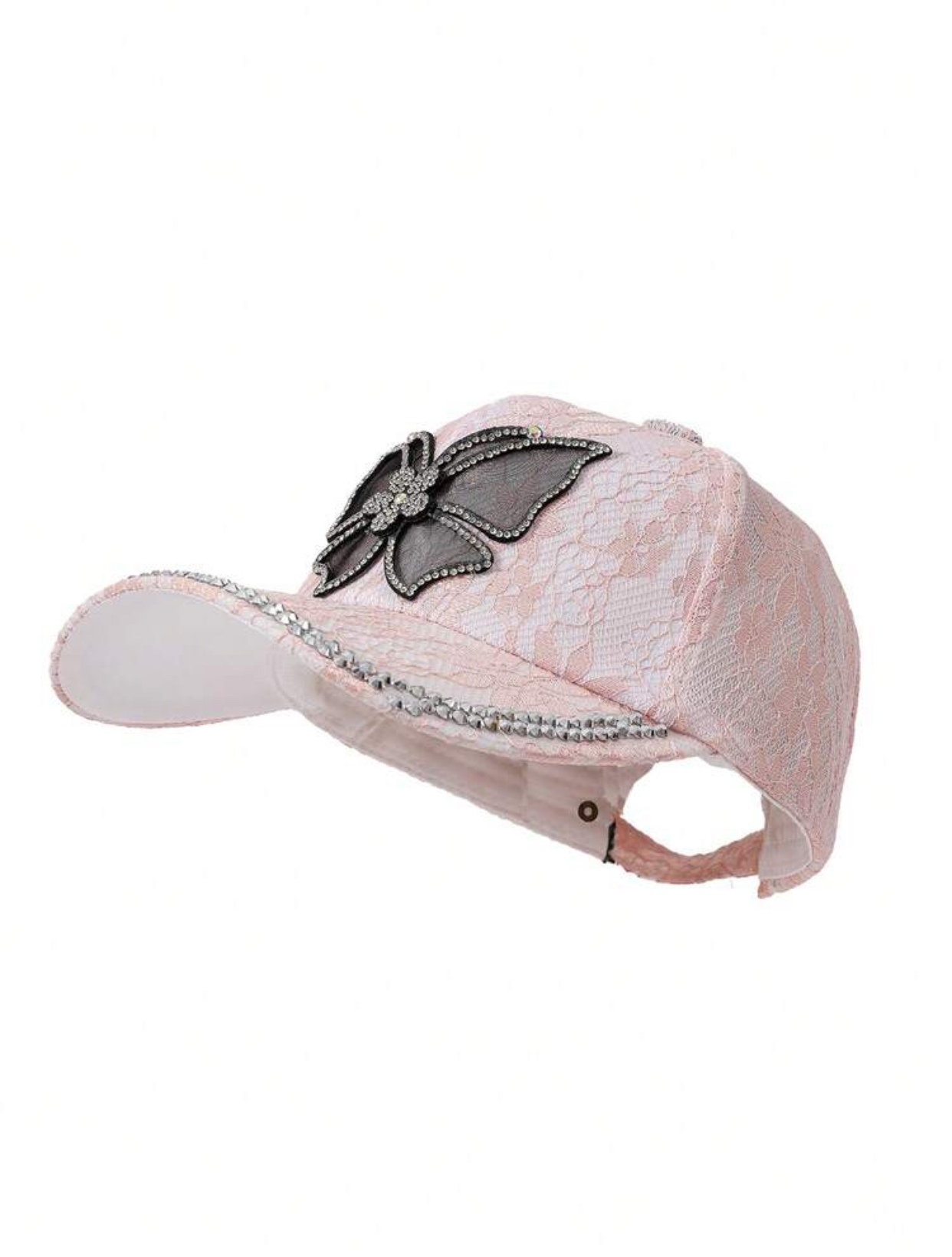 Luxury Floral Lace Overlay Baseball Cap with Rhinestone Butterfly Applique and Gemstone Trim 2