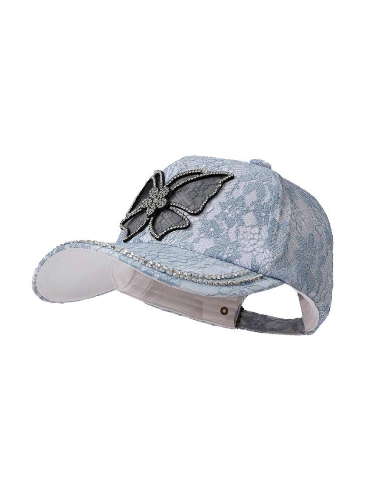 Luxury Floral Lace Overlay Baseball Cap with Rhinestone Butterfly Applique and Gemstone Trim 3