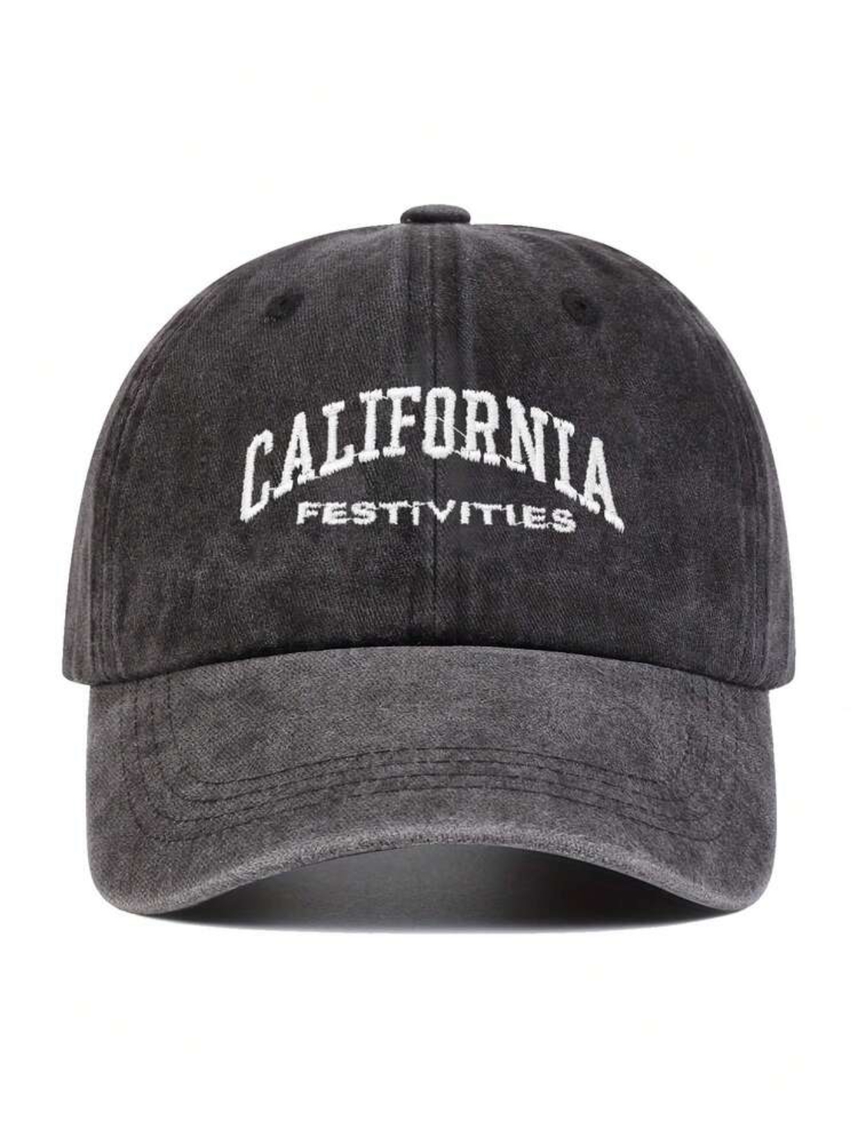Vintage Washed Charcoal Grey Cotton Dad Hat with Embroidered "California Festivities" Varsity Text