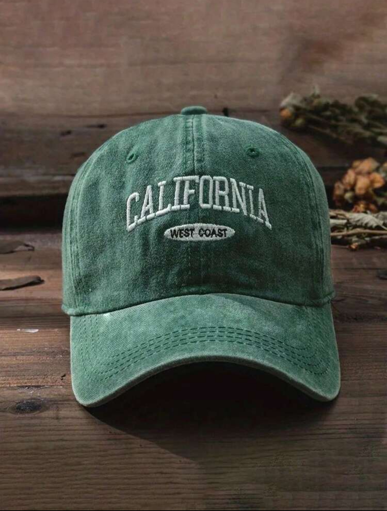 Vintage Washed Charcoal Grey Cotton Dad Hat with Embroidered "California Festivities" Varsity Text 2