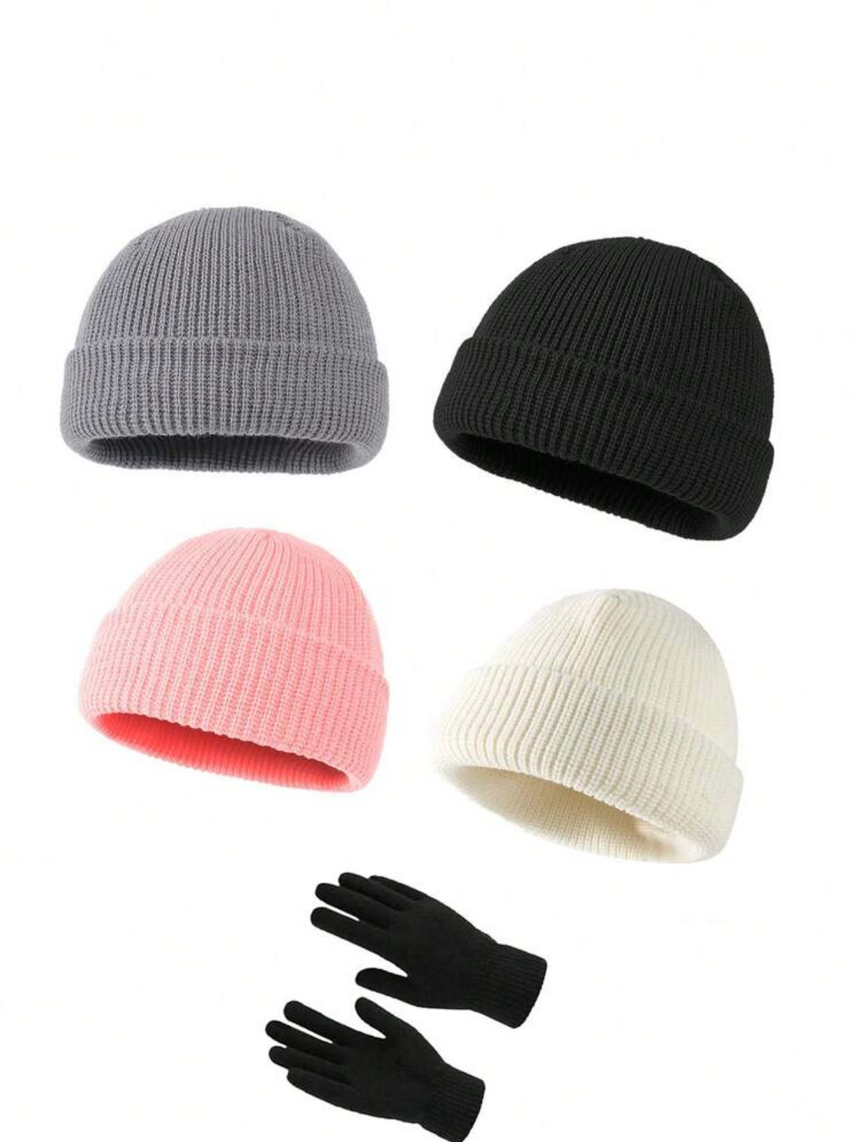 4-Piece Unisex Mini Fisherman Beanie Set with Bonus Touchscreen Knit Gloves