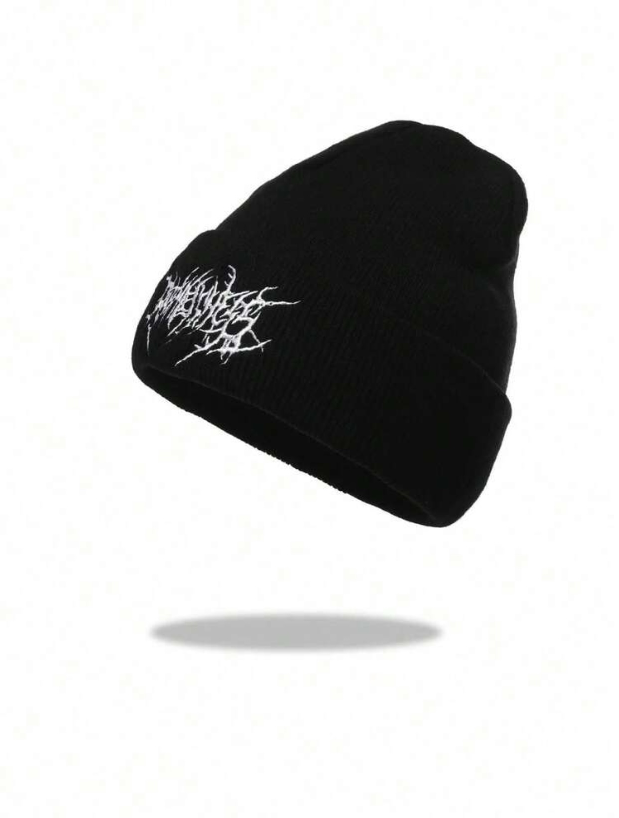 Edgy Heavy Metal Style White Knit Beanie with Black Abstract Distressed Graphic Embroidery 2