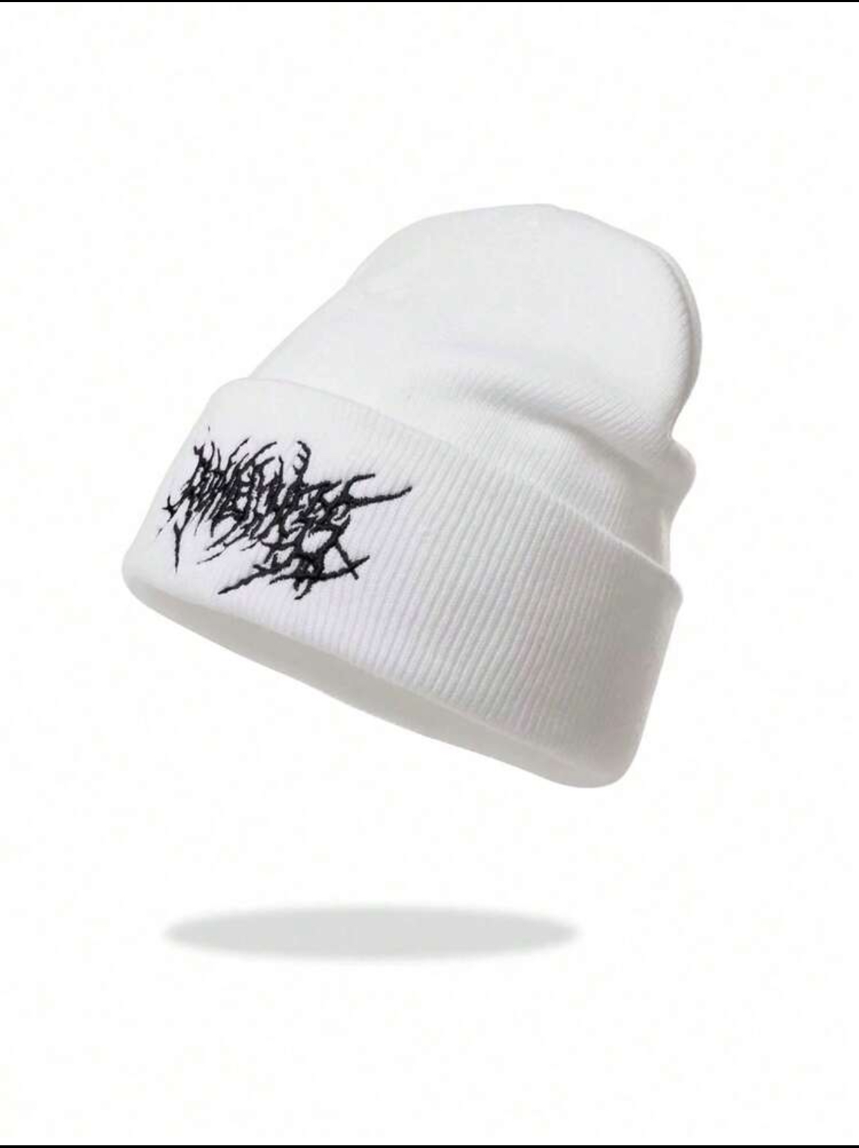 Edgy Heavy Metal Style White Knit Beanie with Black Abstract Distressed Graphic Embroidery
