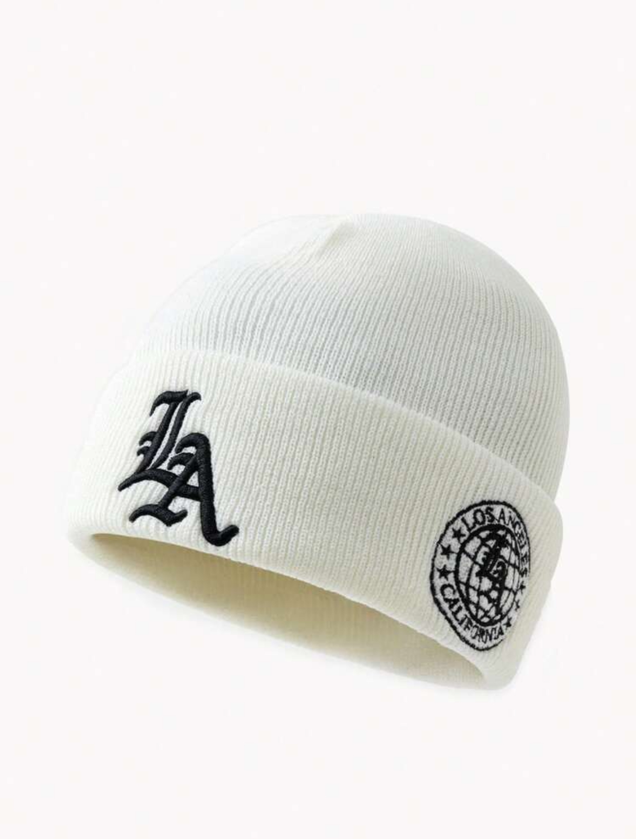 Streetwear Off-White Ribbed Knit Beanie with Old English 'LA' Embroidery and Globe Side Patch