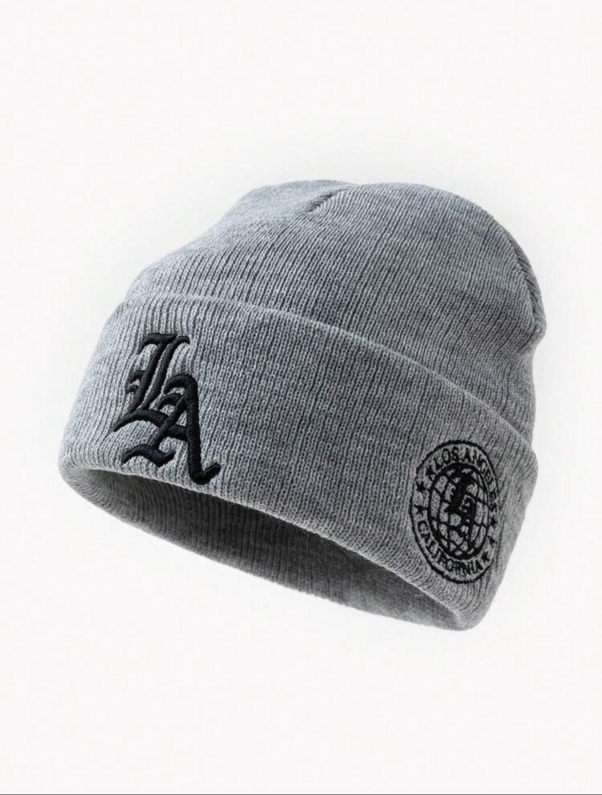 Streetwear Off-White Ribbed Knit Beanie with Old English 'LA' Embroidery and Globe Side Patch 2