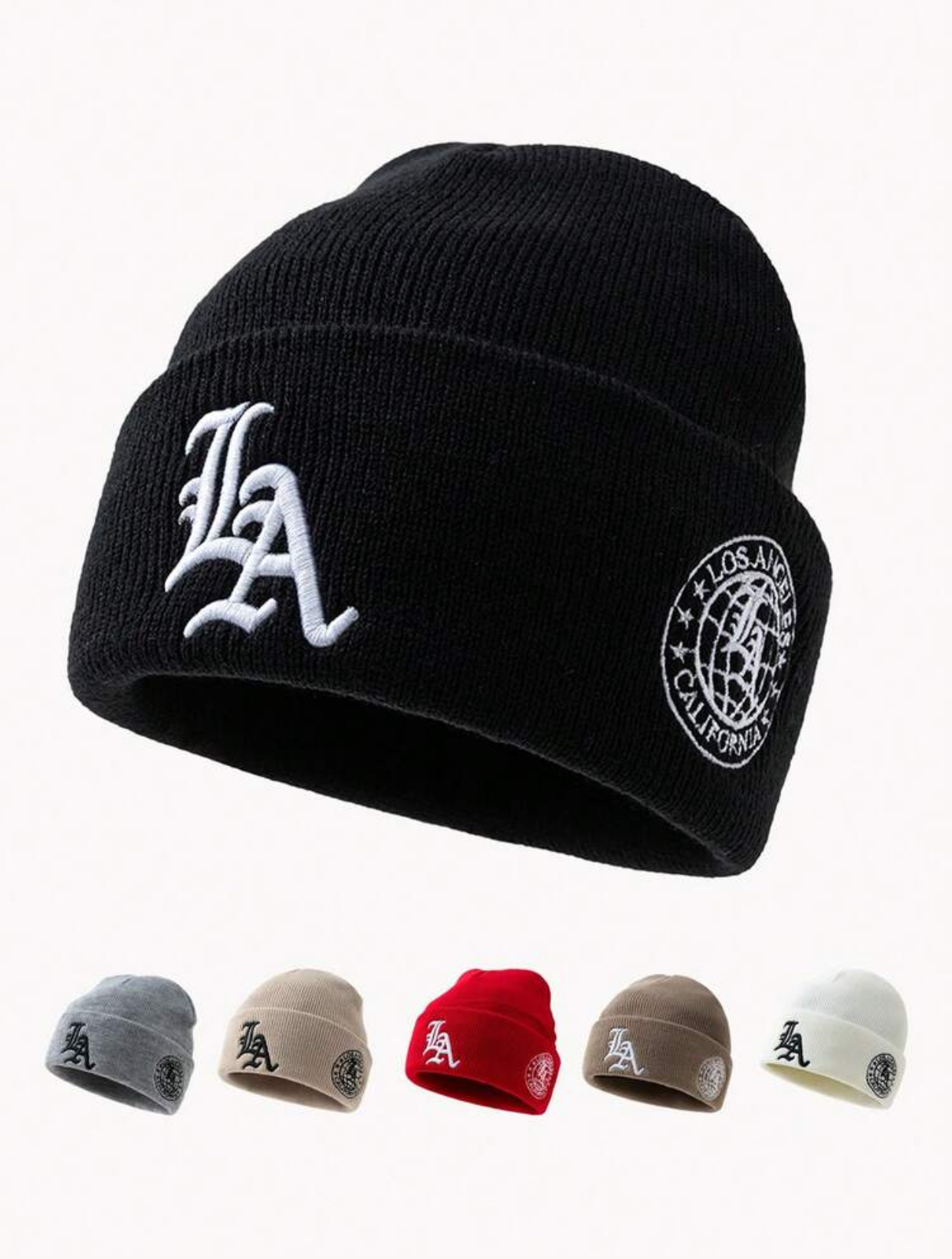 Streetwear Off-White Ribbed Knit Beanie with Old English 'LA' Embroidery and Globe Side Patch 3