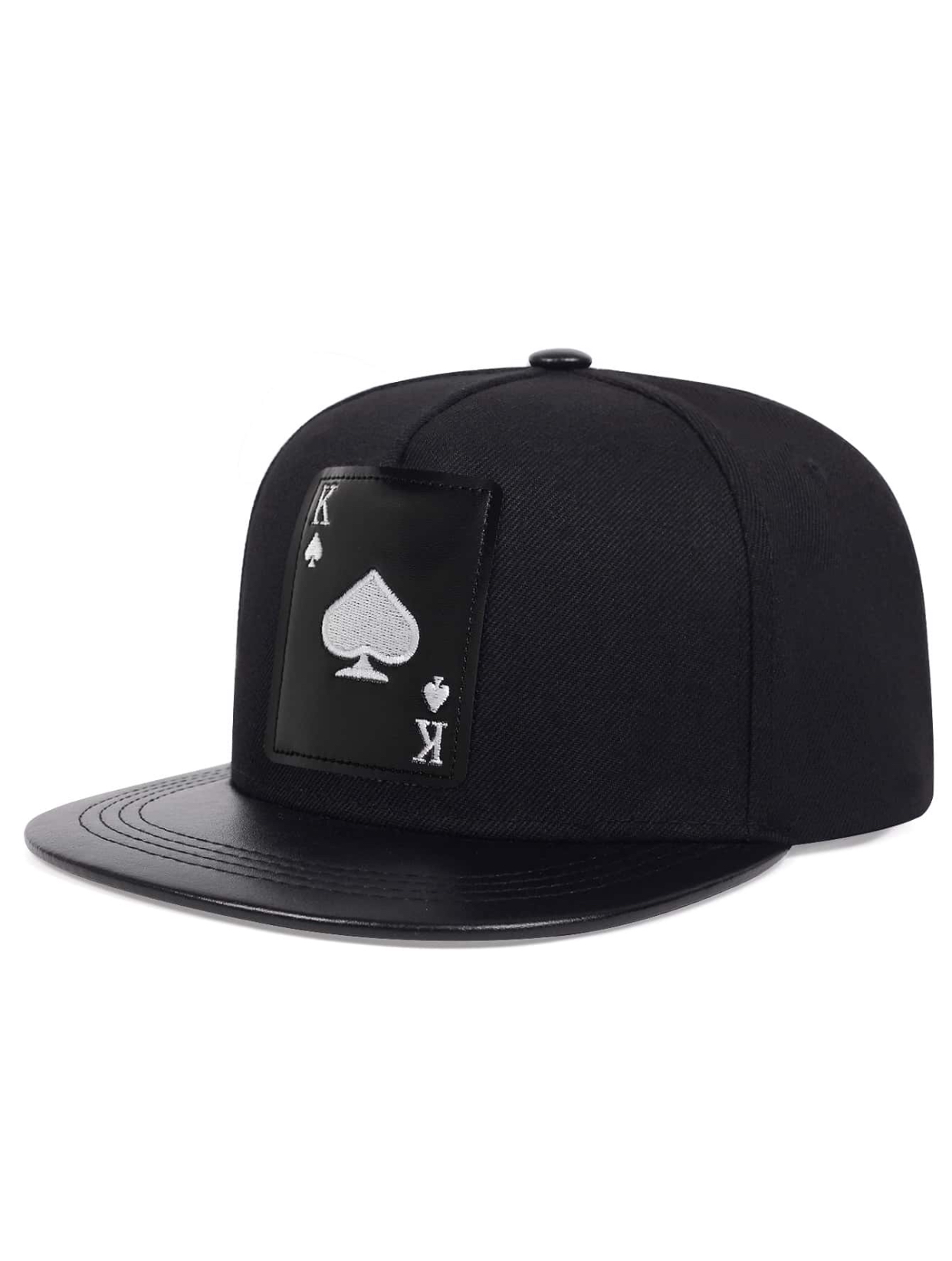 King of Spades Poker Theme Black Snapback Cap with Smooth Faux Leather Brim