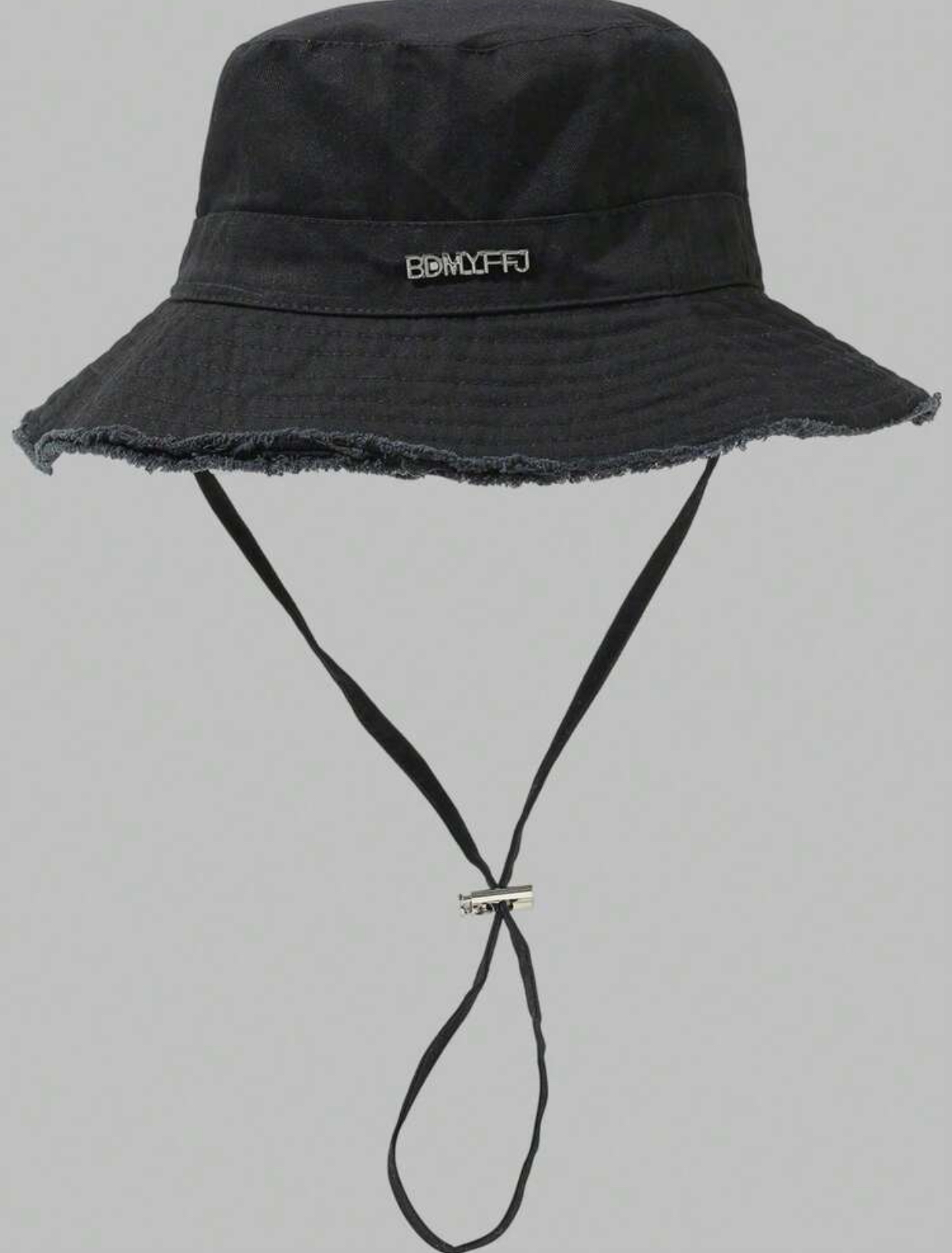 Outdoor Faded Black Canvas Bucket Hat with Distressed Frayed Brim and Adjustable Chin Cord 2