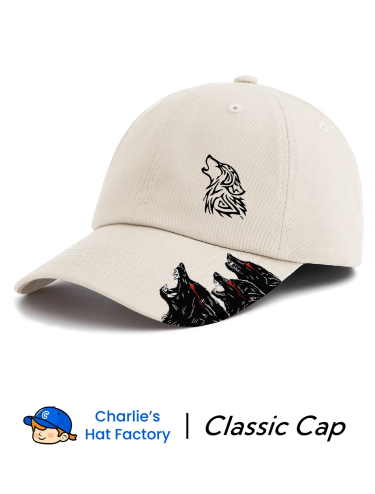 Howling Wolf Tribal Tattoo Graphic Beige Dad Hat - Charlie's Hat Factory Classic Cap