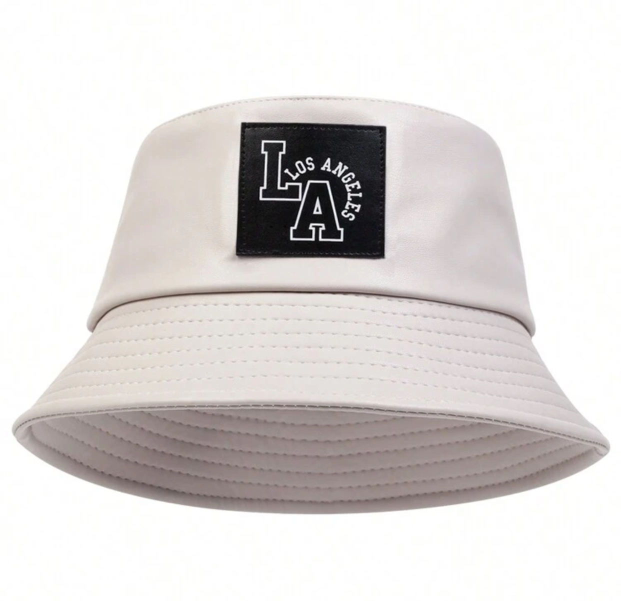Premium Faux Leather Off-White Bucket Hat with Black Square 'LA Los Angeles' Patch