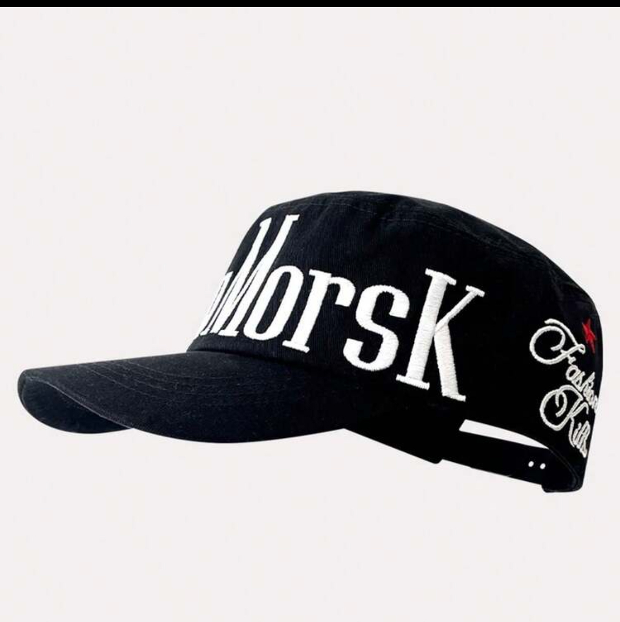 Side-Text Graphic Black Baseball Cap with Oversized White 'MorsK' Embroidery 3