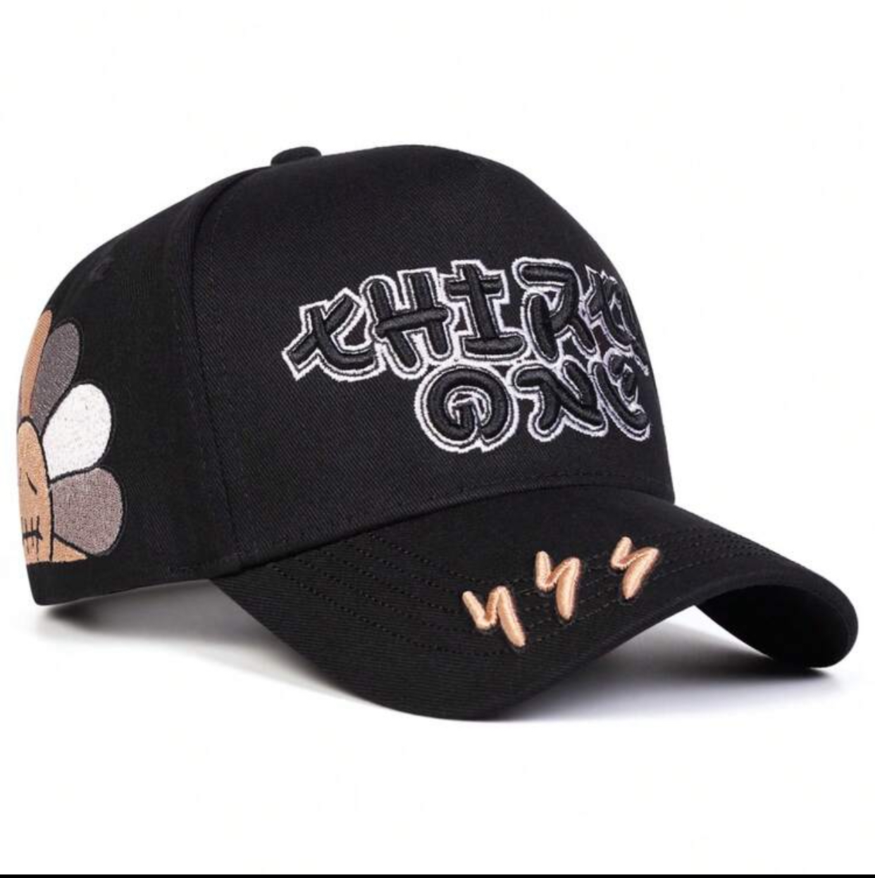 Graphic Streetwear Black Baseball Cap with 'Thirty One' Bubble Text and Lightning Bolt Brim Details