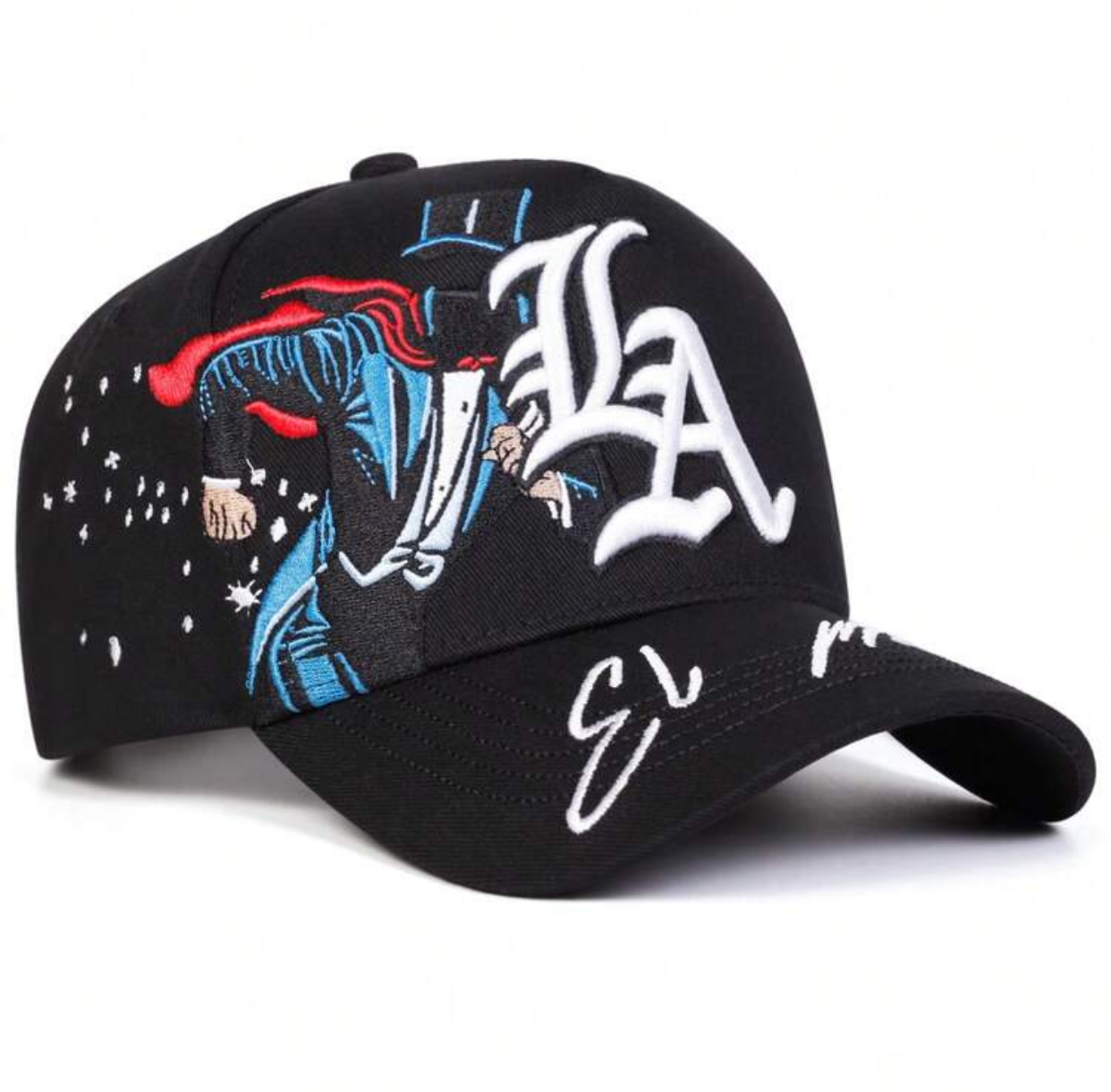 Men's Streetwear Black Baseball Cap with Oversized Embroidered 'LA' Monogram and Magician Artwork