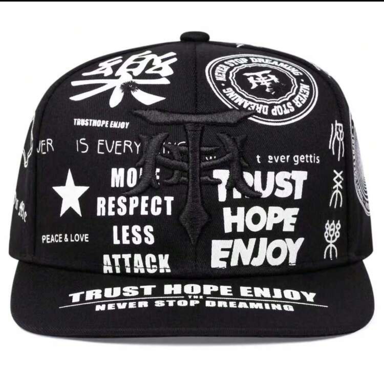 Urban Graffiti Black Flat Brim Snapback Hat with 'Trust Hope Enjoy' All-Over Word Graphics