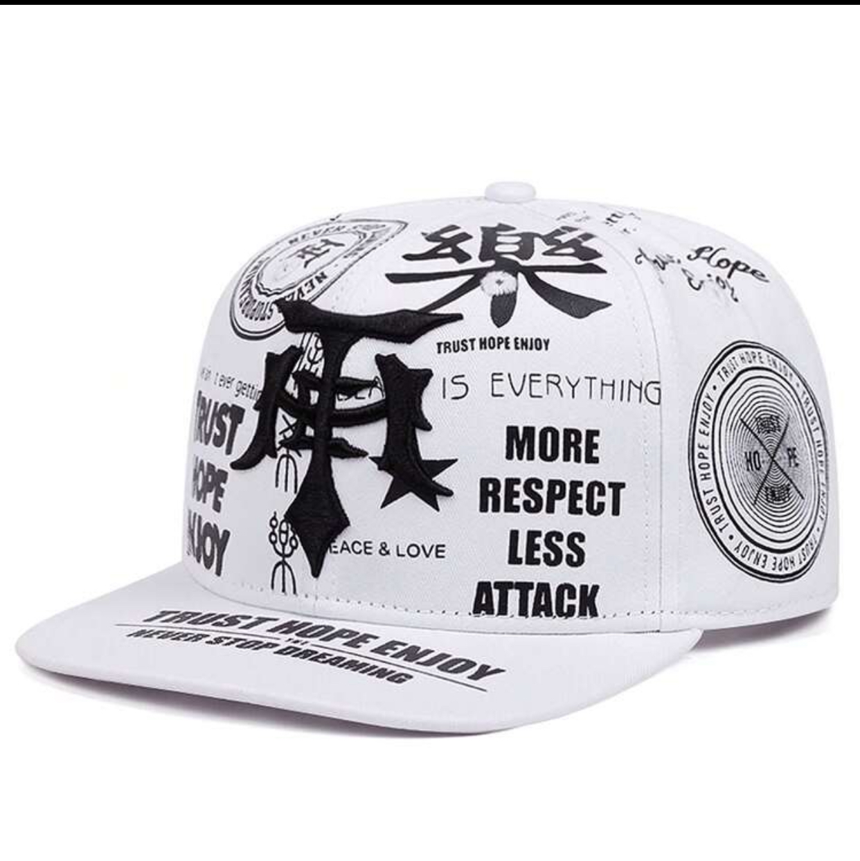 Urban Graffiti Black Flat Brim Snapback Hat with 'Trust Hope Enjoy' All-Over Word Graphics 2