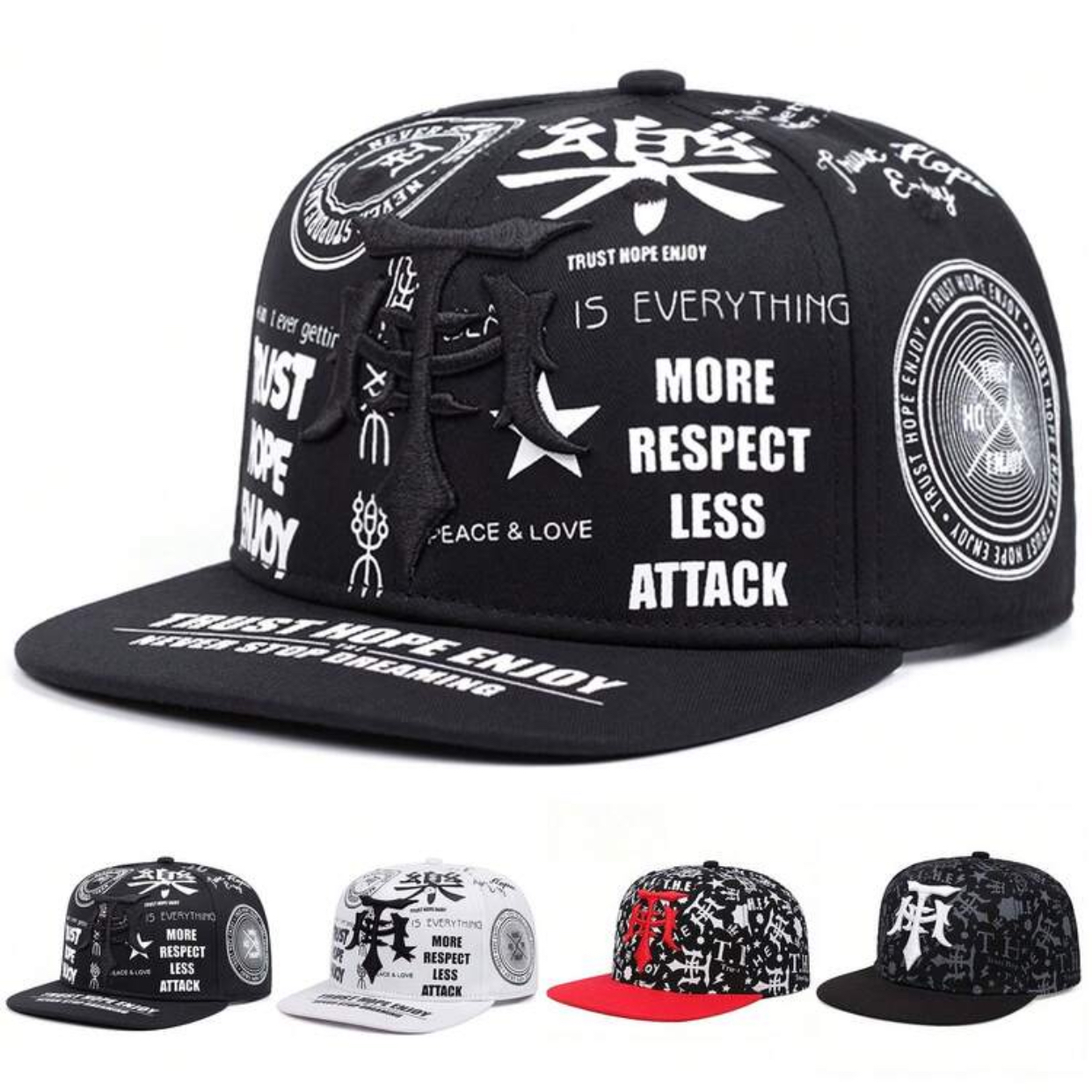 Urban Graffiti Black Flat Brim Snapback Hat with 'Trust Hope Enjoy' All-Over Word Graphics 3