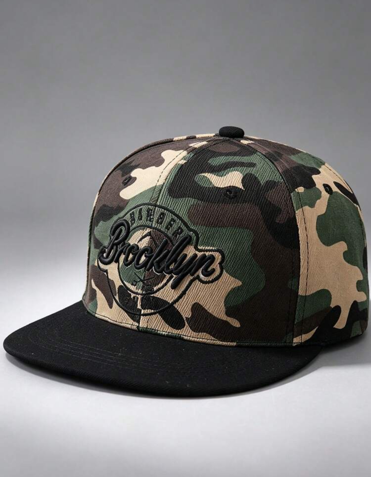 Woodland Camouflage Snapback Baseball Hat with 'Brooklyn Barber' Circle Embroidered Patch